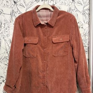 Lovetree Corduroy Button-Up Reversible Coat with Rust /Pink Plaid pattern